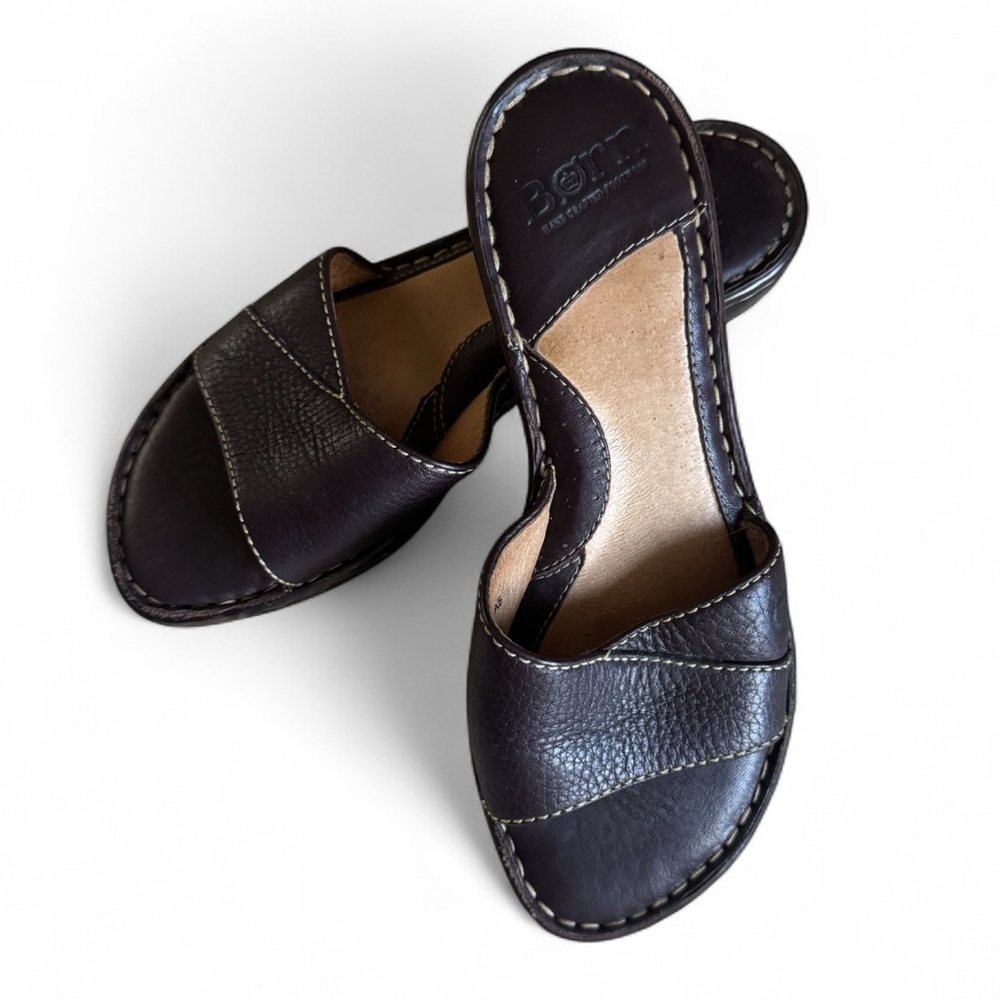Born Handcrafted Brown Leather Slide Sandals Slip-On Shoes Wedge 38 (US 7-7.5)
